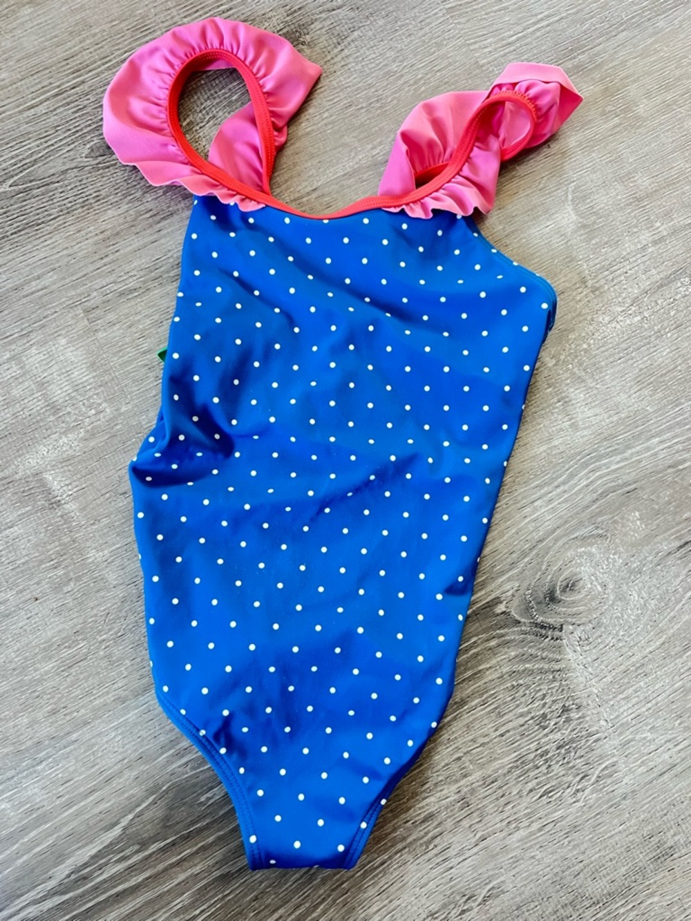 Boden Blue Polka Dot One-Piece Swimsuit with Pink Ruffle Straps